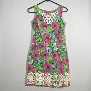 Lilly Pulitzer Floral Sleeveless Shift Dress w/Lace Accents & butterflies size 0